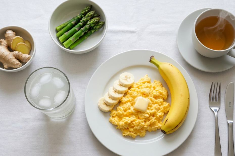 5 alimentos que reducen la resaca, según un farmacéutico 1 A photorealistic top-down view of a breakfast table with a plate of scrambled eggs, sliced banana, a glass of coconut water, a small bowl of steamed asparagus, and a cup of ginger tea. Soft morning li