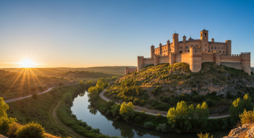 A photorealistic wide-angle view of the Castillo de Alcalá de Guadaíra on a hilltop at sunrise, with the Guadaíra river winding through green valley in the foreground, golden light, no people, no t