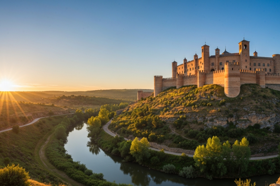 Ruta de un día en Alcalá de Guadaíra: pan, arte y naturaleza 1 A photorealistic wide-angle view of the Castillo de Alcalá de Guadaíra on a hilltop at sunrise, with the Guadaíra river winding through green valley in the foreground, golden light, no people, no t