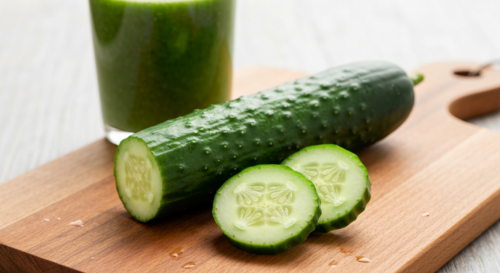 A photorealistic image of a fresh, whole cucumber with a few slices beside it on a wooden cutting board, with a healthy green smoothie in the background. The lighting is natural and bright, emphasizin