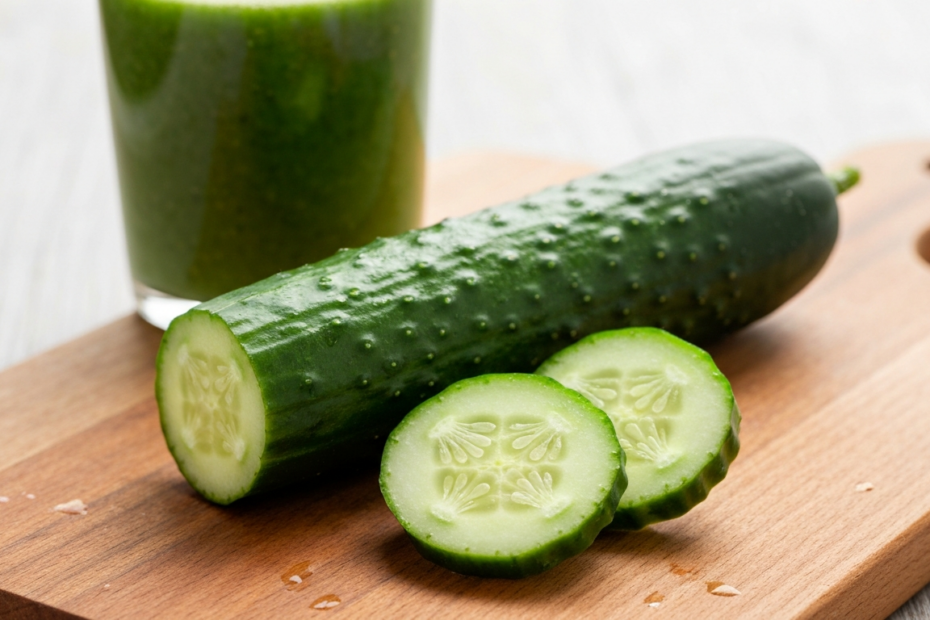 Pepinos para adelgazar: el truco del chef Michelin 1 A photorealistic image of a fresh, whole cucumber with a few slices beside it on a wooden cutting board, with a healthy green smoothie in the background. The lighting is natural and bright, emphasizin