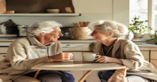 A smiling elderly couple in their late 60s enjoying coffee together in a bright, modern kitchen. They are seated at a small table, each with their own cup, laughing and looking at each other with affe