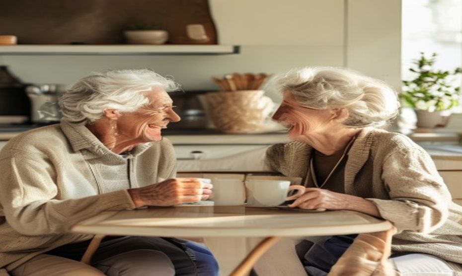 Vivir separados en la tercera edad: amor sin divorcio 1 A smiling elderly couple in their late 60s enjoying coffee together in a bright, modern kitchen. They are seated at a small table, each with their own cup, laughing and looking at each other with affe
