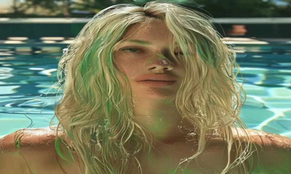 A closeup of a woman's blonde hair showing green tones after swimming, with a swimming pool and water reflections in the background, hyper-realistic, natural sunlight, no text