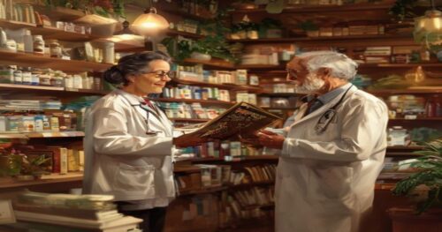 A friendly pharmacist in a white coat standing in a cozy pharmacy, handing a literary book to a curious elderly customer, with shelves filled with books and medicinal plants, warm and inviting lightin