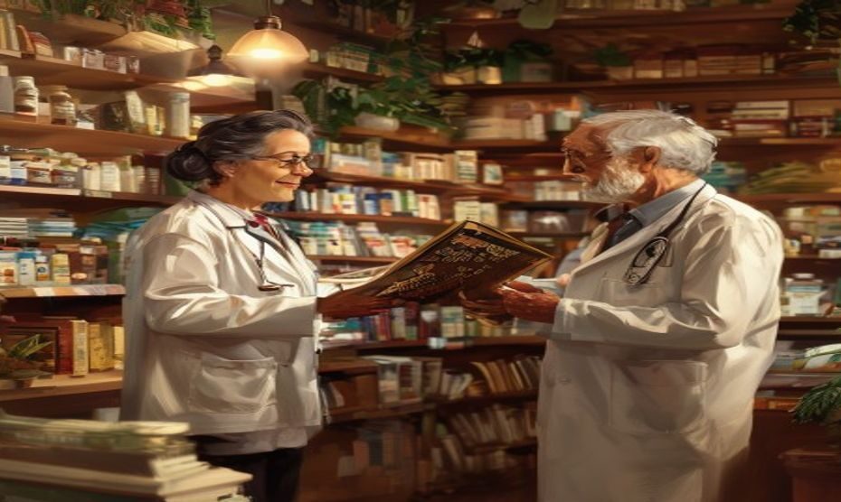 Libros que curan: la biblioterapia llega a las farmacias 1 A friendly pharmacist in a white coat standing in a cozy pharmacy, handing a literary book to a curious elderly customer, with shelves filled with books and medicinal plants, warm and inviting lightin