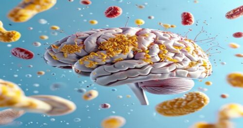 Photorealistic close-up of a human brain with visible arteries, one partially blocked by yellowish cholesterol deposits, surrounded by floating lipid molecules, soft blue background.