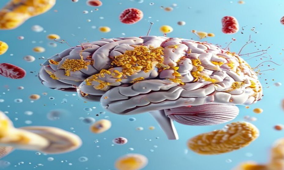 Colesterol Alto y Alzheimer: ¿Existe una Relación Peligrosa? 1 Photorealistic close-up of a human brain with visible arteries, one partially blocked by yellowish cholesterol deposits, surrounded by floating lipid molecules, soft blue background.