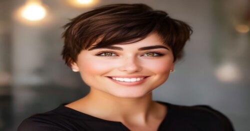 A woman with a round face, smiling, with a chic short pixie haircut and side-swept bangs, soft lighting, natural makeup, professional photography, high-end salon background.