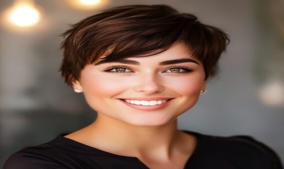 Cortes de pelo corto con flequillo para cara redonda 1 A woman with a round face, smiling, with a chic short pixie haircut and side-swept bangs, soft lighting, natural makeup, professional photography, high-end salon background.