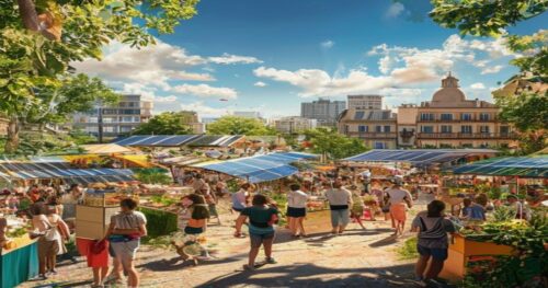 A vibrant outdoor environmental fair in Madrid, with colorful booths showcasing solar panels, recycled crafts, and organic food, diverse crowd of people engaging in activities, sunny day, lush greener