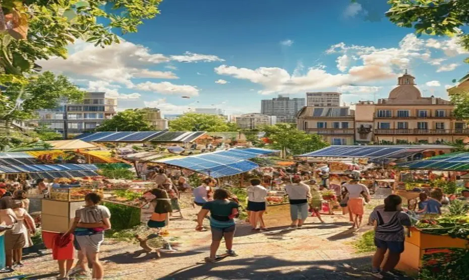 Semana del Medio Ambiente 2026: Madrid se Viste de Verde 1 A vibrant outdoor environmental fair in Madrid, with colorful booths showcasing solar panels, recycled crafts, and organic food, diverse crowd of people engaging in activities, sunny day, lush greener