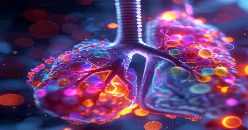 A highly detailed microscopic view of colorful microplastic particles embedded in human lung tissue, with glowing effects to highlight the fibers, medical and scientific style, photorealistic