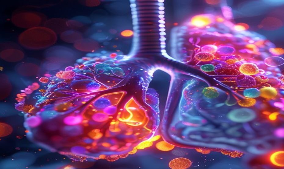 Microplásticos en los pulmones: consecuencias y prevención 1 A highly detailed microscopic view of colorful microplastic particles embedded in human lung tissue, with glowing effects to highlight the fibers, medical and scientific style, photorealistic
