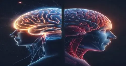 Side-by-side photorealistic comparison of a healthy glowing human brain with active neural connections and an inflamed, dull brain from sleep deprivation, medical illustration style, dark background,