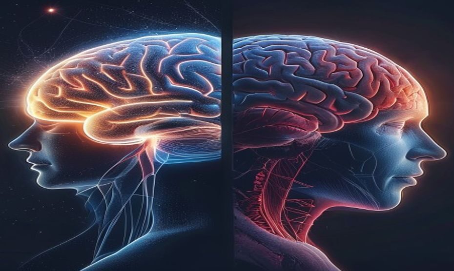Dormir poco envejece: impacto del sueño en la longevidad 1 Side-by-side photorealistic comparison of a healthy glowing human brain with active neural connections and an inflamed, dull brain from sleep deprivation, medical illustration style, dark background,