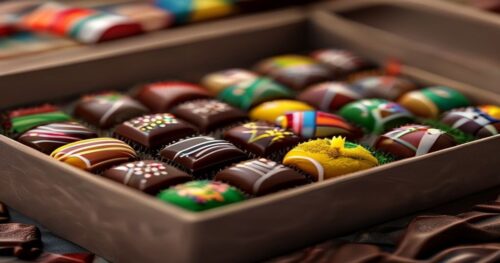 A luxurious open box of artisanal chocolates shaped like a football field, each chocolate decorated with tiny edible flags of different countries, photorealistic, soft studio lighting, shallow depth o