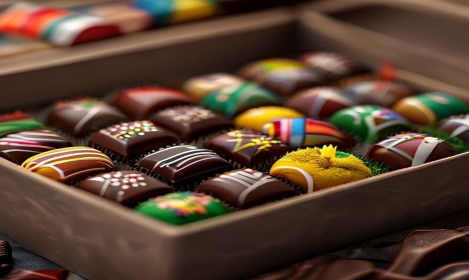 Chocolates mundialistas: alta pastelería con sabor a fútbol 1 A luxurious open box of artisanal chocolates shaped like a football field, each chocolate decorated with tiny edible flags of different countries, photorealistic, soft studio lighting, shallow depth o