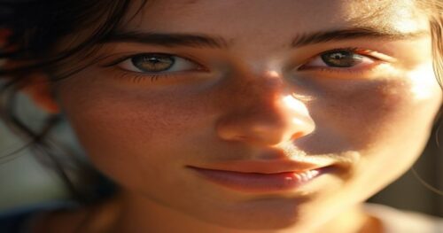 Close-up portrait of a person with serene, calm eyes making gentle eye contact, warm natural lighting, shallow depth of field, photorealistic, no text