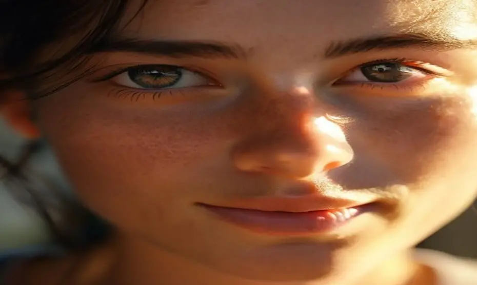 Close-up portrait of a person with serene, calm eyes making gentle eye contact, warm natural lighting, shallow depth of field, photorealistic, no text