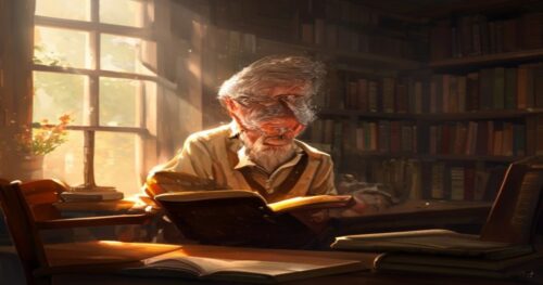 A senior man with gray hair and glasses, sitting at a wooden desk in a cozy library room, reading a thick book, sunlight through window, warm atmosphere, realistic style.