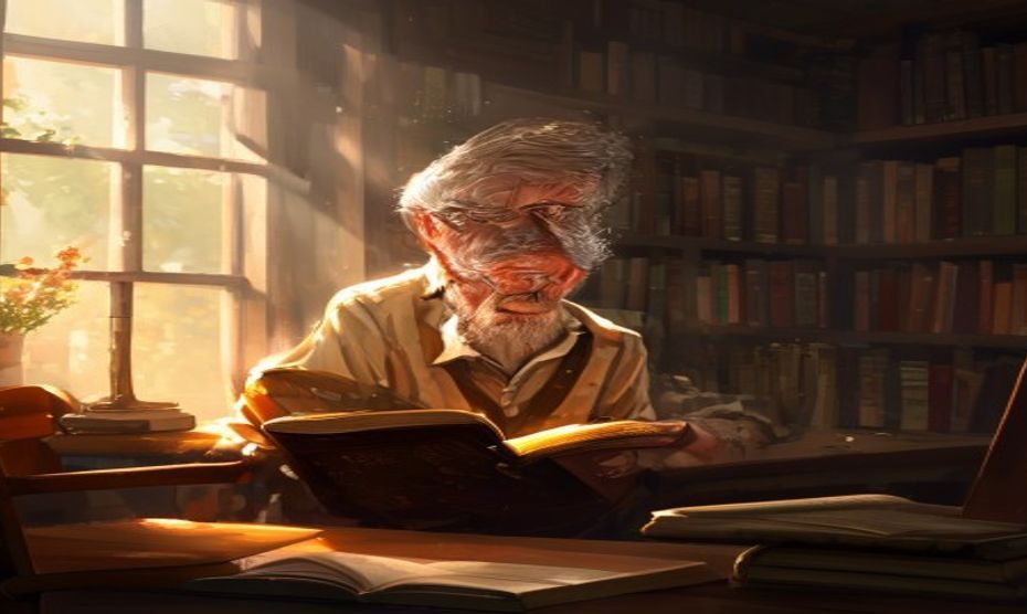 A senior man with gray hair and glasses, sitting at a wooden desk in a cozy library room, reading a thick book, sunlight through window, warm atmosphere, realistic style.