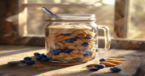A glass mason jar filled with rolled oats soaking in almond milk, topped with fresh blueberries and sliced almonds, sitting on a rustic wooden table next to a window with soft morning sunlight. The ja
