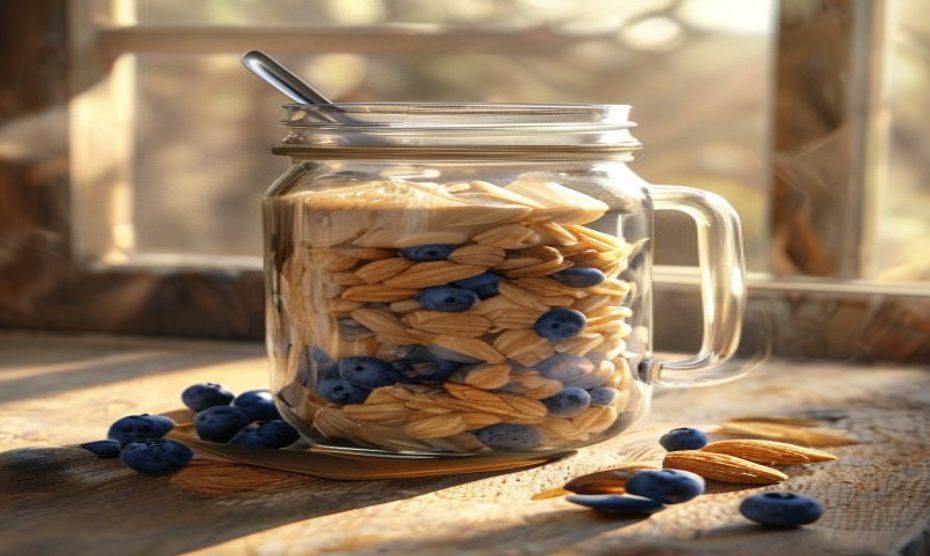 Remojar avena: el truco nocturno para bajar el colesterol 1 A glass mason jar filled with rolled oats soaking in almond milk, topped with fresh blueberries and sliced almonds, sitting on a rustic wooden table next to a window with soft morning sunlight. The ja