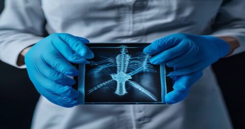 Close up of a medical professional wearing blue gloves holding an X-ray film showing a foreign object in the pelvic area, with a concerned expression, realistic lighting