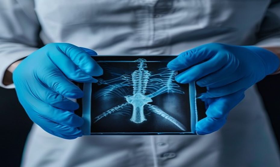 Close up of a medical professional wearing blue gloves holding an X-ray film showing a foreign object in the pelvic area, with a concerned expression, realistic lighting