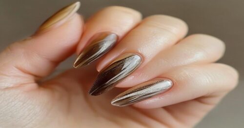 Close-up of a hand with natural nails, one nail shows a thin dark brown longitudinal stripe against the nail bed, soft natural lighting, realistic skin texture, clean and well-groomed hands, no nail p