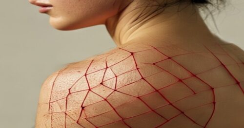 Close-up photorealistic image of a person's shoulder showing a red net-like rash with small bumps, hyperpigmentation marks, on a light skin tone, soft natural lighting, no text or logos, clean backgro