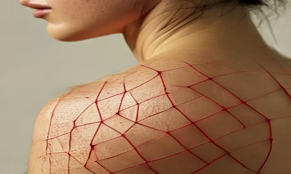 Prurigo pigmentosa: la erupción cetogénica que afecta a deportistas 16 Close-up photorealistic image of a person's shoulder showing a red net-like rash with small bumps, hyperpigmentation marks, on a light skin tone, soft natural lighting, no text or logos, clean backgro