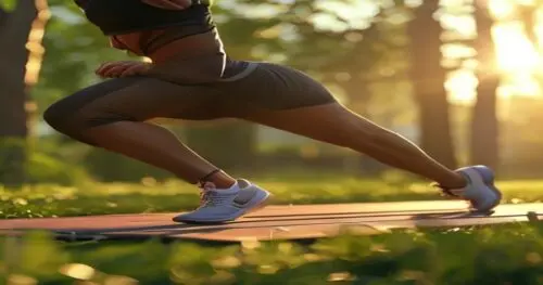 A runner doing glute bridge exercise on a yoga mat in a park, close-up from the side, with a resistance band around the thighs, morning light, sporty outfit, focused expression, no logos or text, phot