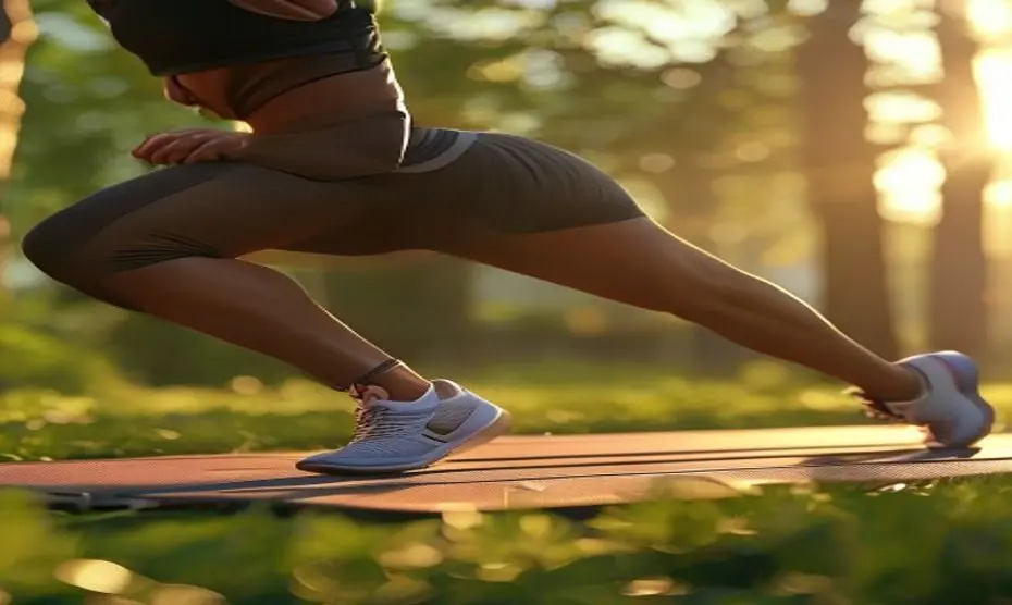 Amnesia glútea en corredores: guía para reactivar tus glúteos 14 A runner doing glute bridge exercise on a yoga mat in a park, close-up from the side, with a resistance band around the thighs, morning light, sporty outfit, focused expression, no logos or text, phot