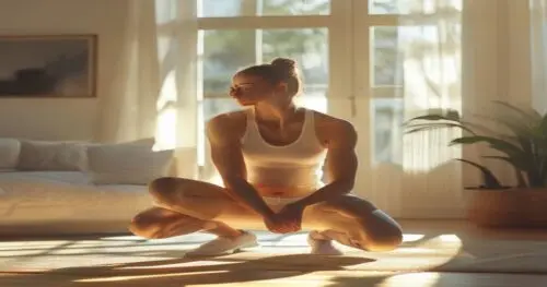 Photorealistic shot of a woman in sportswear performing a perfect squat in a sunlit Scandinavian-style living room, focused expression, minimal decor, bright and airy atmosphere.