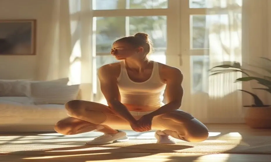 Sentadillas que revitalizan: el secreto para una silueta firme y llena de energía 12 Photorealistic shot of a woman in sportswear performing a perfect squat in a sunlit Scandinavian-style living room, focused expression, minimal decor, bright and airy atmosphere.
