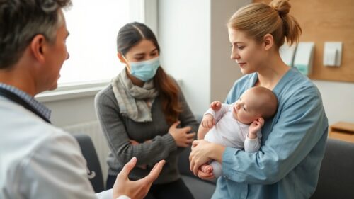 A realistic photo of a pediatrician in a clinic gently explaining the importance of the pertussis vaccine to concerned parents holding a baby, soft lighting, warm and reassuring atmosphere.