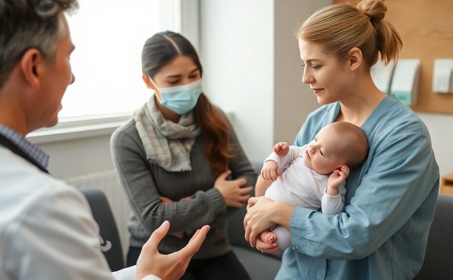 Tosferina: la vacunación evita el 93% de las muertes infantiles 1 A realistic photo of a pediatrician in a clinic gently explaining the importance of the pertussis vaccine to concerned parents holding a baby, soft lighting, warm and reassuring atmosphere.