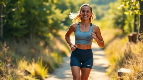 A fit female runner on a sunlit trail, wearing seamless high-tech athletic shorts and a moisture-wicking top, smiling comfortably, natural environment, no distractions.