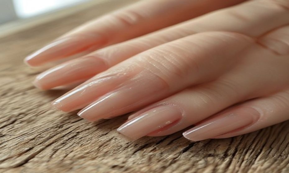 Líneas de Beau: surcos en uñas tras COVID-19 y cómo cuidarlas 1 Extreme close-up macro photograph of natural unpainted fingernails with distinct horizontal ridges (Beau's lines) across all nails. Hands resting on a neutral wooden table, soft diffused window light,