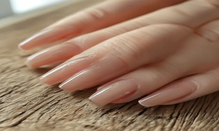 Líneas de Beau en las uñas: causas, tratamiento y cuánto tardan en desaparecer 11 Extreme close-up macro photograph of natural unpainted fingernails with distinct horizontal ridges (Beau's lines) across all nails. Hands resting on a neutral wooden table, soft diffused window light,