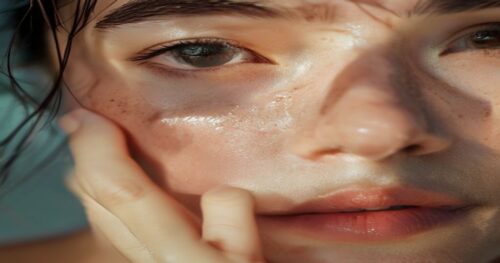 Close-up of a woman's tired face with under-eye bags and redness, softly applying a cooling eye gel with her ring finger, serene expression, natural daylight, macro shot, realistic skin texture, no ma