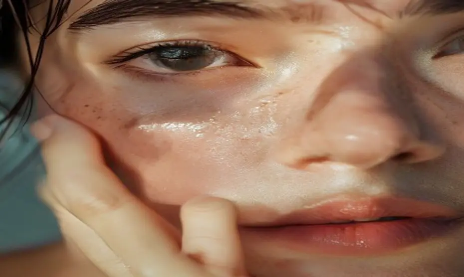Cómo proteger tu piel de los efectos de la tos crónica 9 Close-up of a woman's tired face with under-eye bags and redness, softly applying a cooling eye gel with her ring finger, serene expression, natural daylight, macro shot, realistic skin texture, no ma