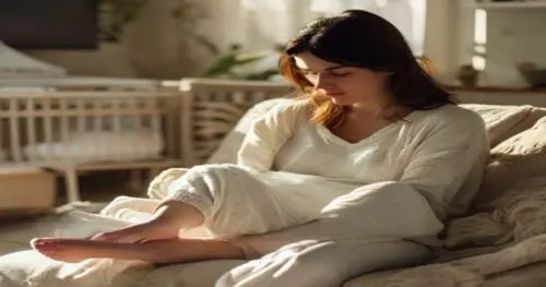 A young mother sitting on a sofa in soft daylight, looking down at her swollen feet with a concerned expression. She is dressed in comfortable loungewear, with a newborn bassinet visible in the backgr