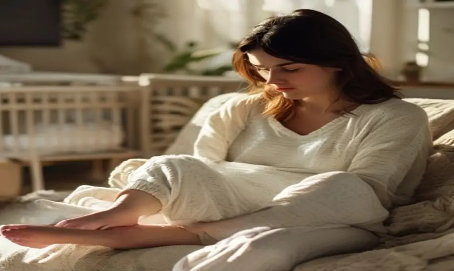 Miocardiopatía periparto: señales en tu piel y cuerpo 7 A young mother sitting on a sofa in soft daylight, looking down at her swollen feet with a concerned expression. She is dressed in comfortable loungewear, with a newborn bassinet visible in the backgr