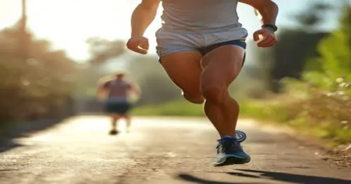 A male runner in motion on a sunny day, wearing moisture-wicking shorts and a supportive athletic top, focus on legs and stride, natural lighting, realistic style.