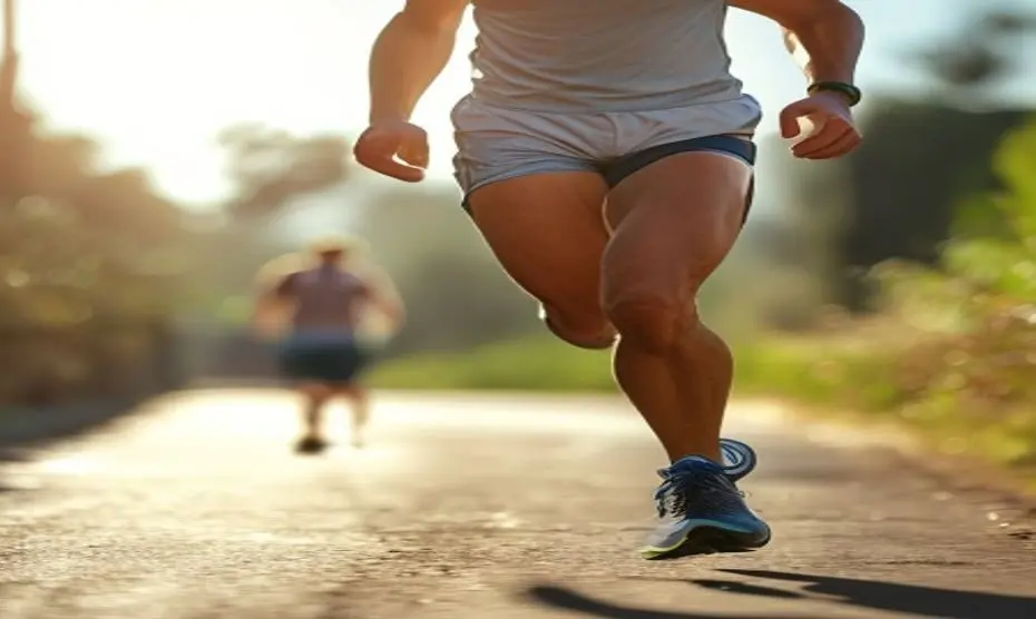 Running intenso y bienestar testicular: cómo cuidar tu comodidad al correr 5 A male runner in motion on a sunny day, wearing moisture-wicking shorts and a supportive athletic top, focus on legs and stride, natural lighting, realistic style.