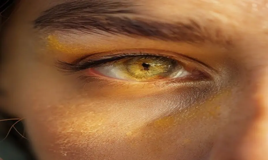 Xantelasmas: manchas de colesterol y riesgo cardiovascular 3 Close-up of a woman's eye area with a yellowish xanthelasma plaque near the inner corner, soft natural lighting, realistic skin texture, no makeup, serene expression.