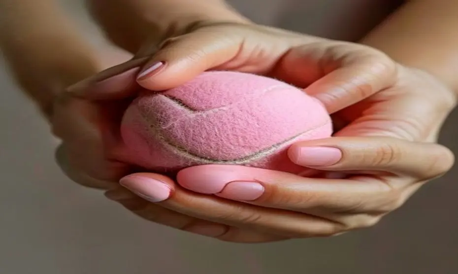 La fuerza en tus manos: el secreto de unas manos jóvenes 1 A close-up of a woman's hands squeezing a pink tennis ball, with well-manicured natural nails, soft studio lighting, neutral background, focus on hand muscles and skin texture, photorealistic, no text